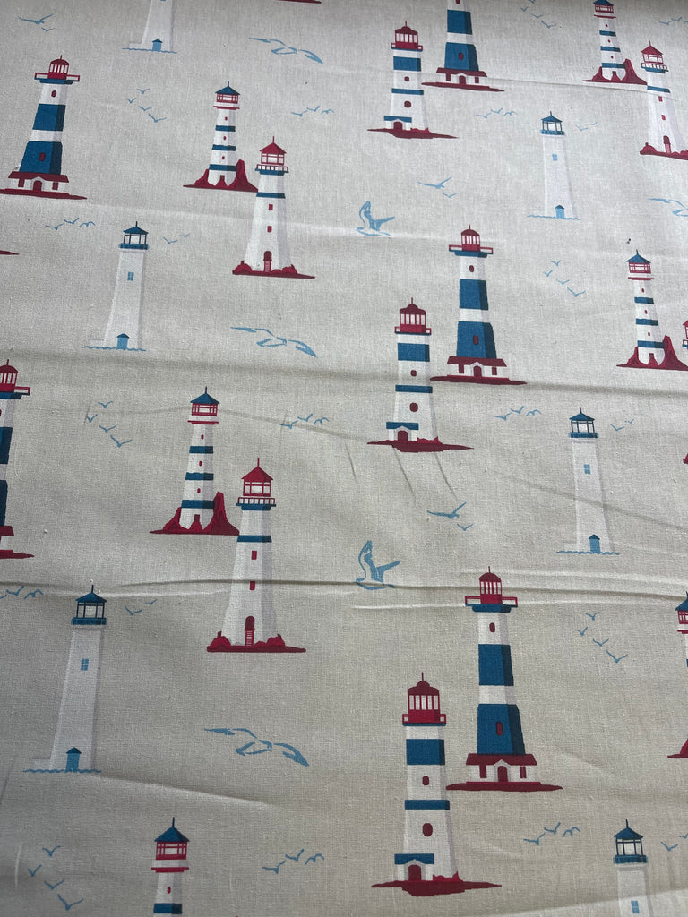 Finistiere - lighthouse - Light Furnishing Cotton Fabric - Bright Patterned Fabric for Lampshades, Cushions, Bags and Curtains