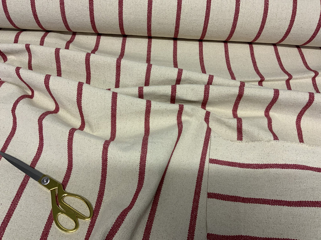RED STRIPE - Heavy Hopsack Furnishing / Upholstery Fabric - pure Cotton - Ralston Fabrics